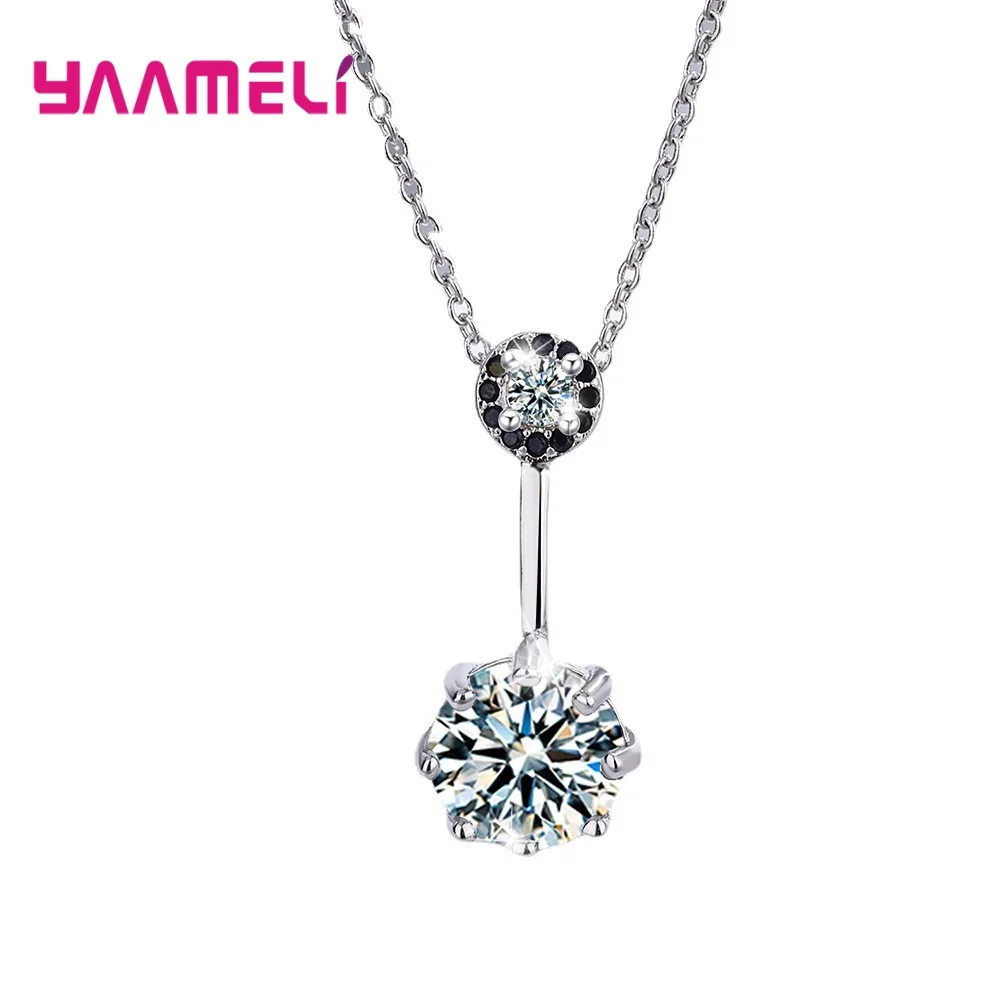 

Women Fashion Simple Rhinestone Choker Necklace Shine Black Rhinestone Big Zircon 925 Sterling SilverChain Pendant Jewelry