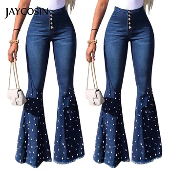 

JAYCOSIN Jeans Women's High Waist Button Tassel Pants Trousers Bell-bottom Denim Long Flare Cowboy Stretchy Trousers For Women J