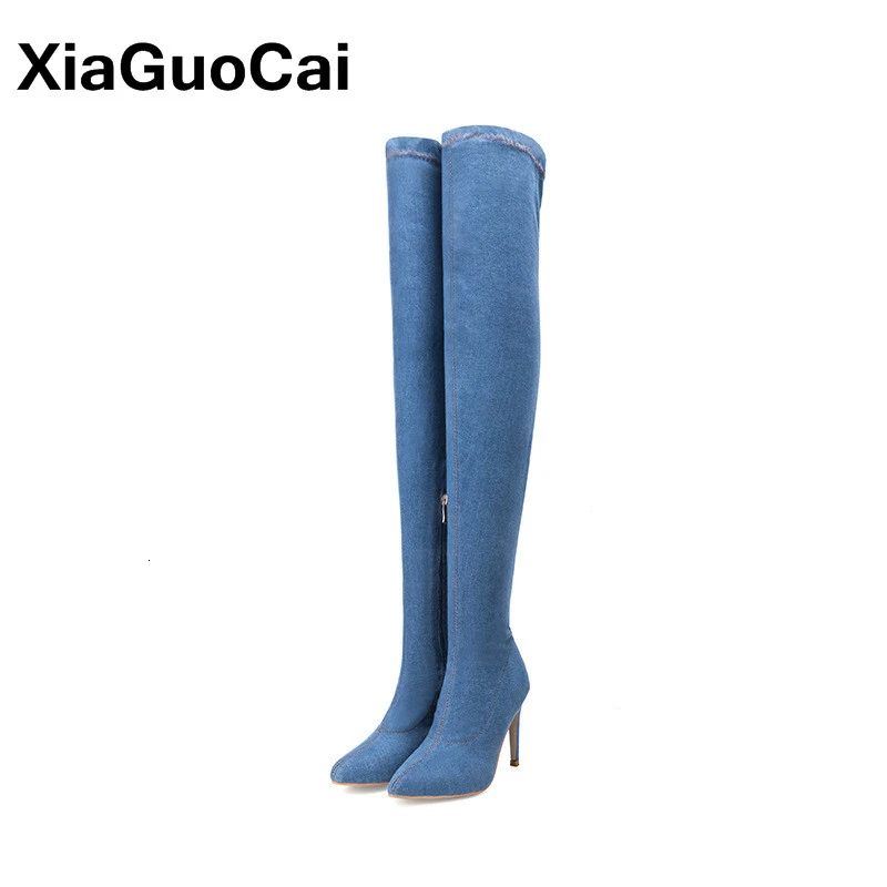 

2019 Spring Autumn Woman Long Boots Blue Denim Over-the-Knee Boots Big Size Point Toe Thin High Heels Shoes Sexy Ladies Footwear