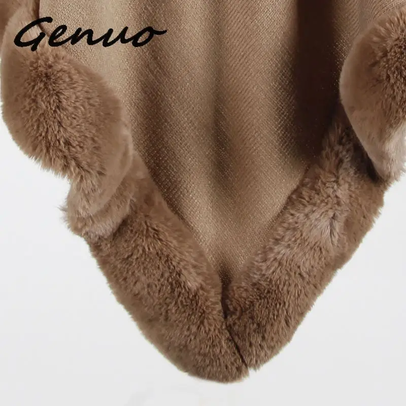 Genuo, новинка, Осень-зима, новые женские свитера, накидка, меховой край, круглый ворот, чистый цвет, Женская Вязаная Шаль