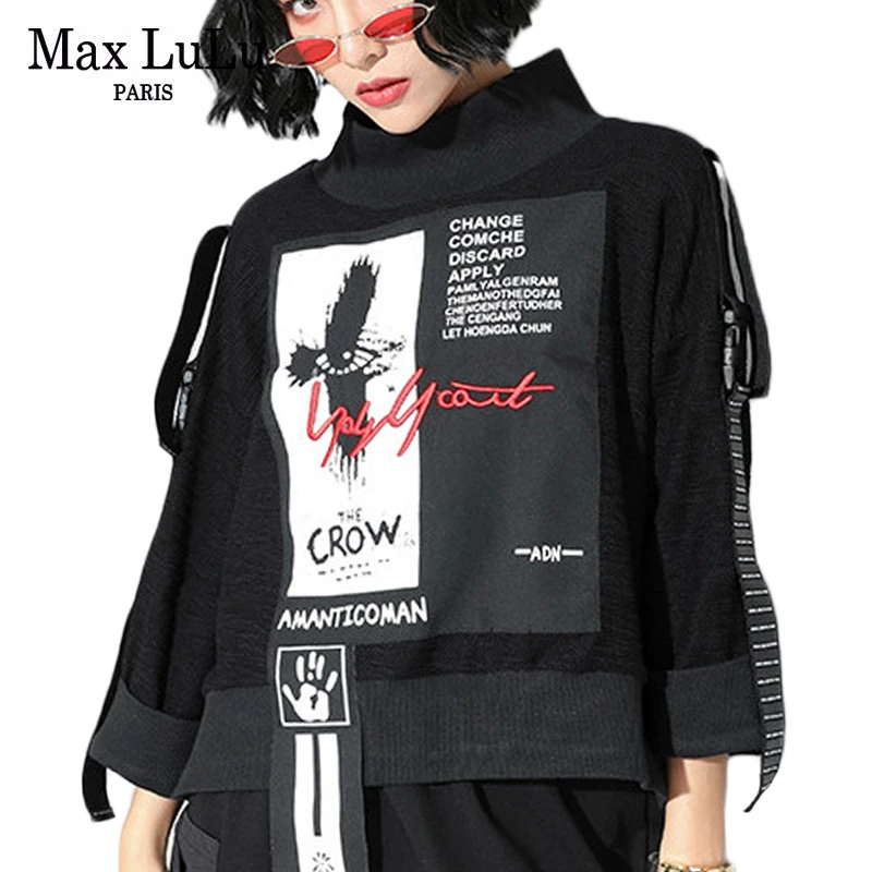 Max LuLu 2019 модная Корейская уличная Женская одежда Женская водолазка с принтом винтажные свитера большого размера с вышивкой|Толстовки и свитшоты| | АлиЭкспресс