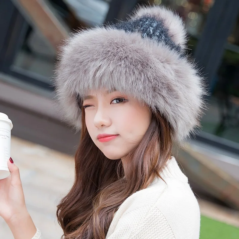 Новая стильная женская Пушистая Шапка, вязаные шапочки, зимние лыжные шапочки, ткачество, Монгольская шапка для улицы, SD669 - Цвет: Black grey