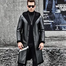 Мужские кожаные куртки из овчины, двухстороннее ношение, длинное пальто, новая мода, Натуральная шерсть, меховая подкладка, мужская одежда