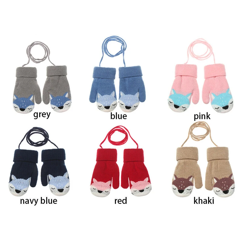 Children Gloves Cartoons For 1-3years Old Girls Boys Little Fox Winter Mittens Double-layer Knitted Wool Plus Velvet Warm Gloves