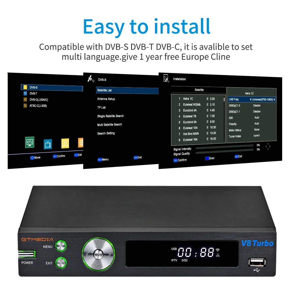 GTMEDIA V8 Turbo Satellite Receiver DVB-S2/T2/C Support Tivusat CA Card Slot ccamd 1080P Full HD H.265 Pk V8 NOVA stock in spain satellite tv receiver
