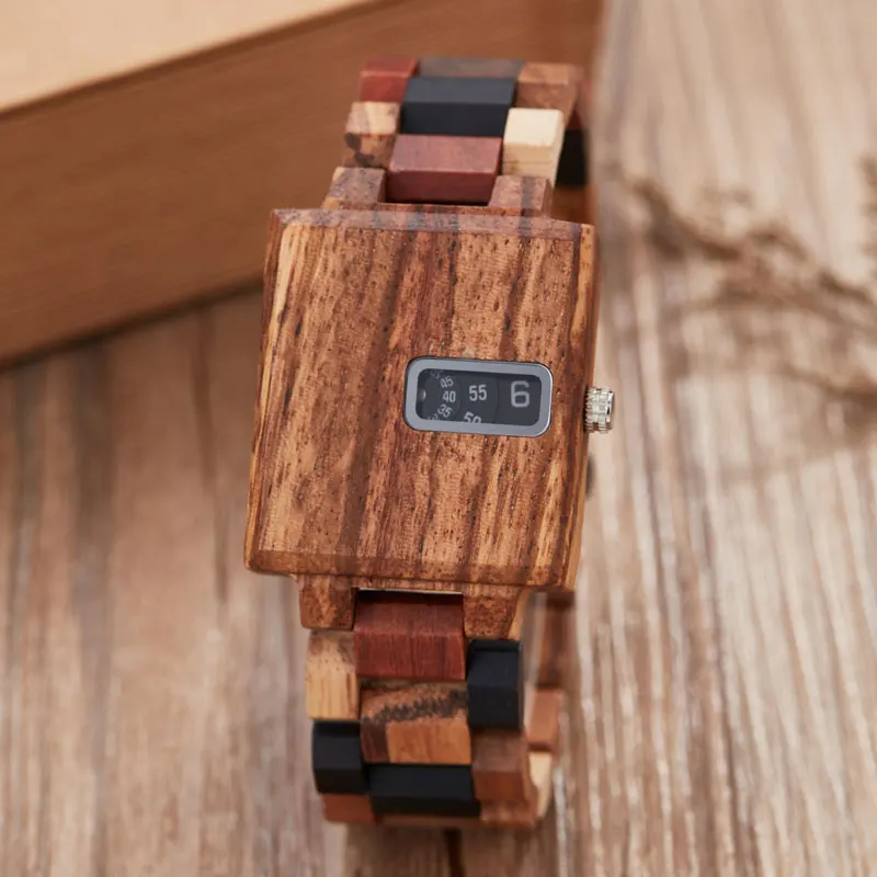 

New arrival Creative Square Wood Watch Solid Wooden Watches Quartz Unique Turntable Dial Folding Clasp Wristwatch montre homme