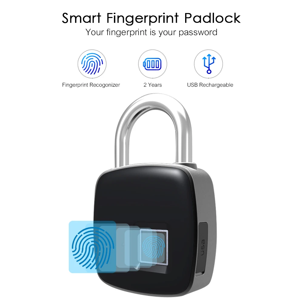 

USB Rechargeable Keyless Fingerprint Lock IP65 Waterproof Smart electronic Digital Padlock Door Luggage Case Lock