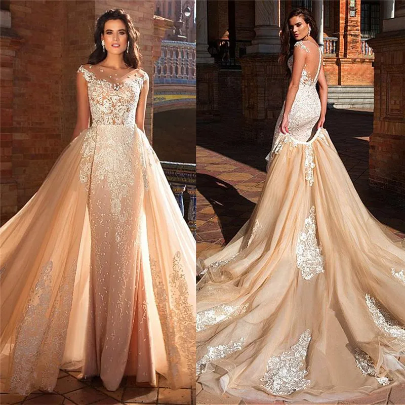 

Luxurious Mermaid Lace Appliques Wedding Dress Two Pieces Slim With Detachable Train Buttons Back Bridal Gowns 2021 Formal