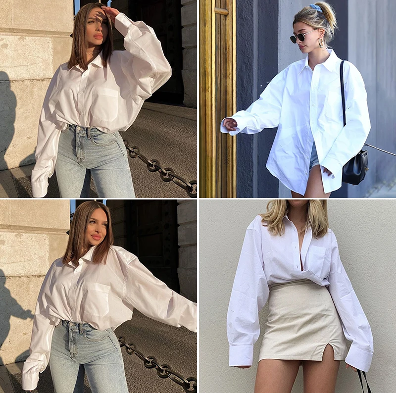 Boyfriends Loose Sexy White Blouse Shirts Elegant Turn-Down Collar Lantern Sleeve Oversize Women Blouse Casual Fashion Shirts