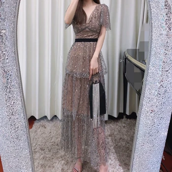 

2020 summer woman mesh dress runway midi dresses for party