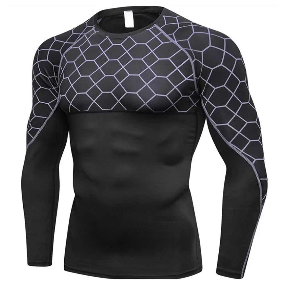 Мужская быстросохнущая облегающая дышащая спортивная рубашка с принтом с длинным рукавом и круглым вырезом THJ99 - Цвет: Серый