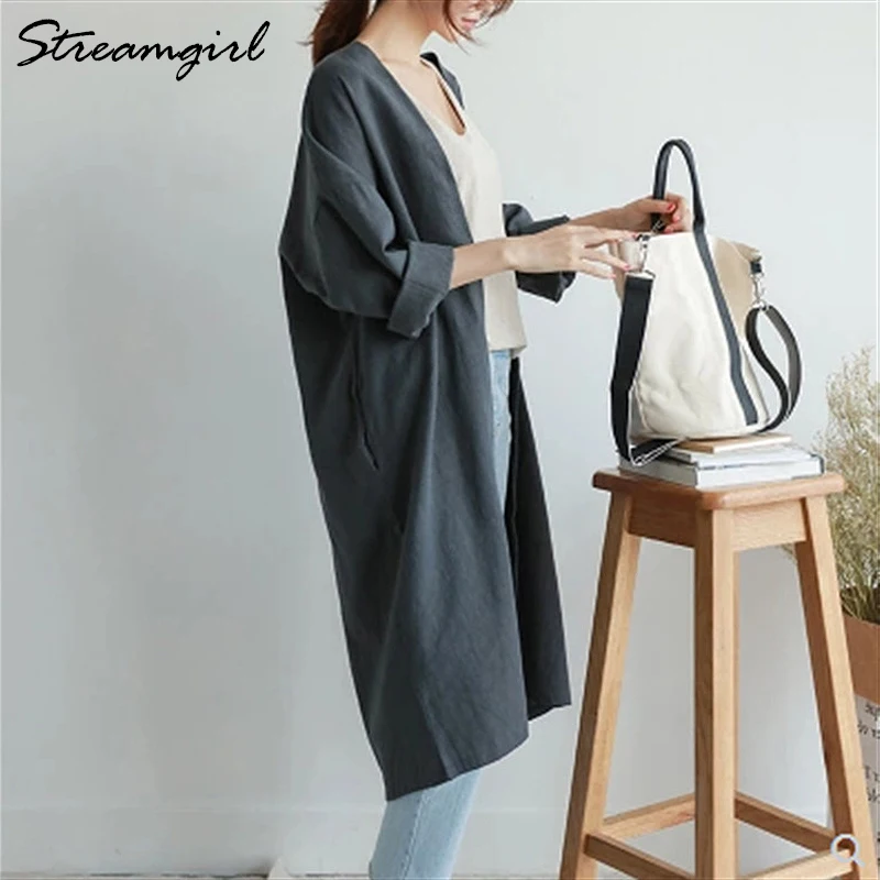 Streamgirl Autumn Long Trench Coat For Women Cotton Linen Loose Long Cardigan Large Size Autumn Cotton Khaki Trench Large Size