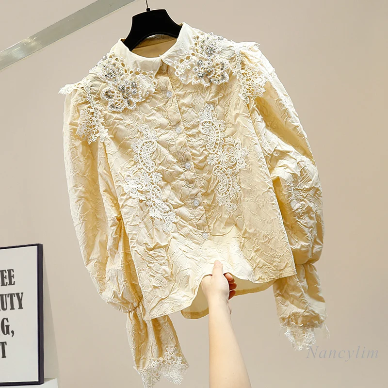 

Long Sleve Shirt Women Beaded Diamond Lace Stitching Retro Puff Sleeve Sweet Doll Collar Single-Breasted Blouse Female Short Top
