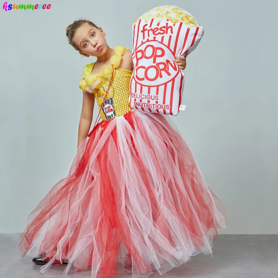 Adorable Popcorn Inspired Girls Tutu Dress Red & White Tulle Children Birthdays Halloween Dress Up Costume Kids Flower Ball Gown