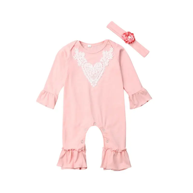 

Spring Autumn Newborn Baby Girls Ruffles Sleeve Long Sleeve Lace Patchwork Romper Jumpsuit Headband Clothes Outfit Sunsuit 2PCS