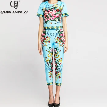 

Qian Han Zi designer fashion summer Suit Sets Women Short Sleeve short Top+Flower Print Ankle-Length Pants Casual two piece set
