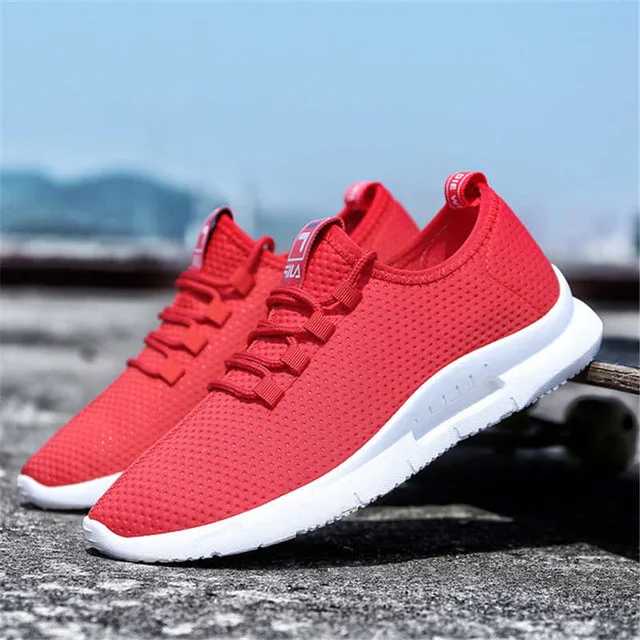 Спортивная обувь для мужчин, легкие дышащие мужские кроссовки, белые, красные, на шнуровке, Корейская уличная спортивная обувь, zapatillas hombre - Цвет: Red