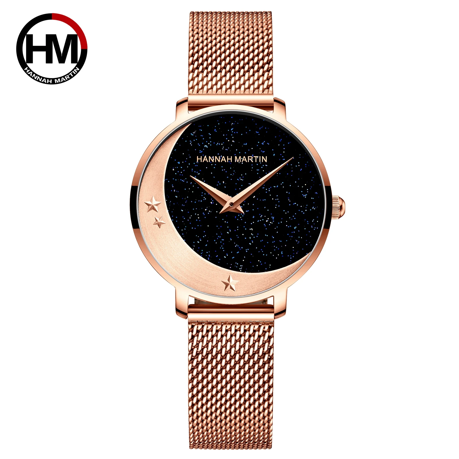 

Hannah Martin New Model MIYOTA 2035 Quartz Movement Stainless Steel Wristwatch Moon Stars Night Flash Watches for Women