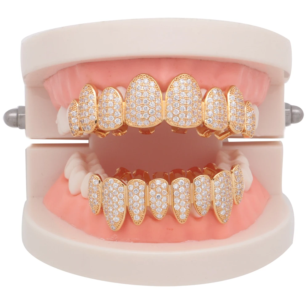 LuReen Iced Out Grillz Vampire Fangs Grillz Top Bottom Gold Teeth Hip Hop Tooth Caps CZ Crystal Bling Grillz Rapper Jewelry