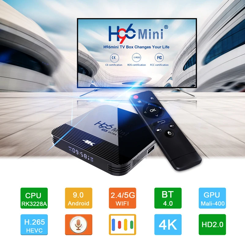 H96 мини RK3228A Смарт ТВ приставка Android 9,0 2GB 16 GB/1 GB 8GB Медиаплеер 4K Google голосовой помощник 5G Wifi Cast Netflix Youtube