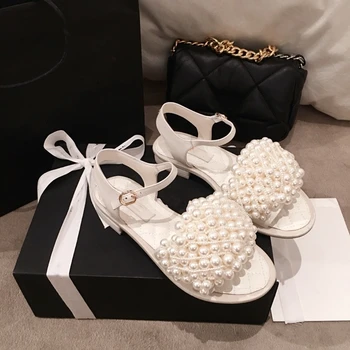 

Sandals Women Pearl Decor Sandalias De Las Mujeres Bling Crystal Square Heels Black/white Real Leather 2020 New Designer Fashion