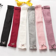 Осенние штаны для маленьких девочек хлопковые От 0 до 4 лет с бантом вязаные леггинсы для маленьких девочек милые детские колготки с оборками и жемчугом