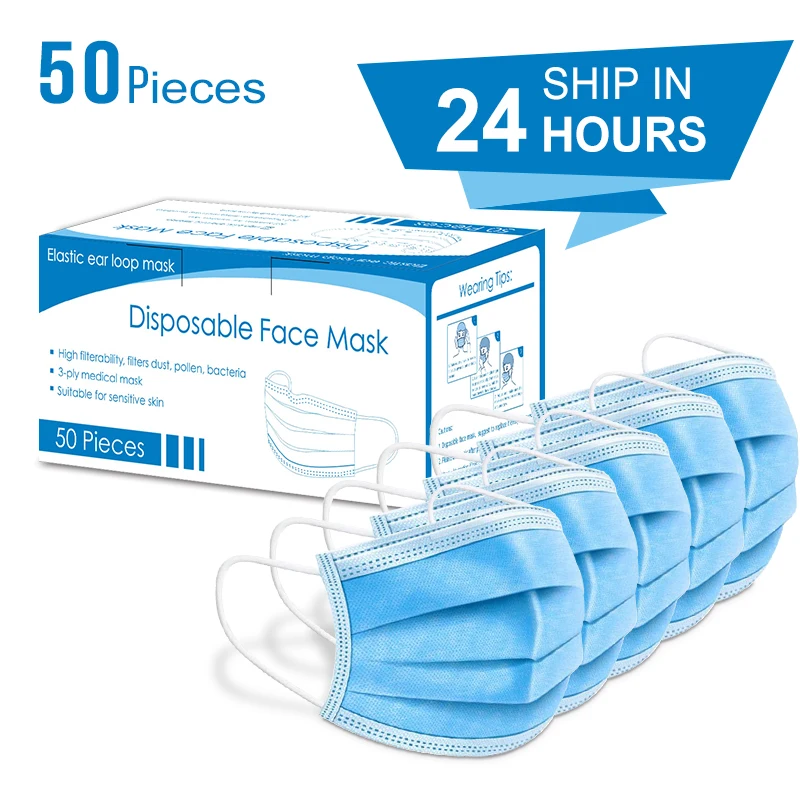 

50pcs Disposable Mask 3 Ply Face Mouth Masks Flu Nonwoven Anti Dust Earloops Filter Masks With Box