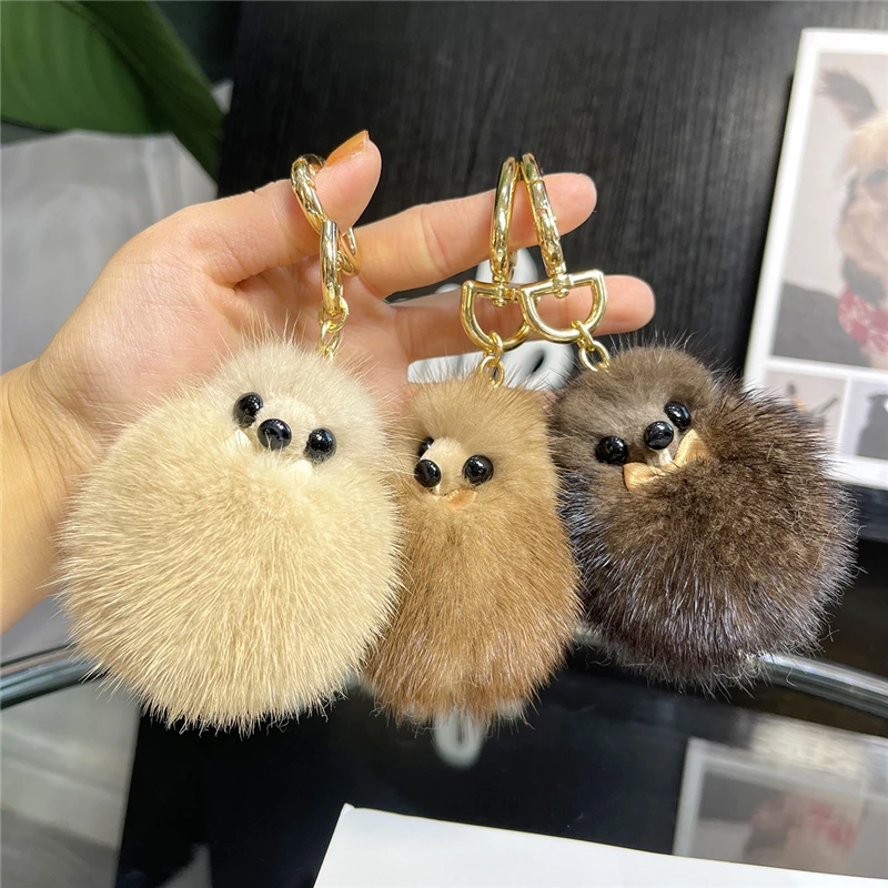 6 Large Genuine Fur Pom Pom Puff Ball Car Keyring / Bag Purse Charm (Natural Brown)