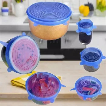 

6pcs Fruit Food Saran Wrap Stretch Vacuum Silicon Cover Kitchen Storage Reusable Organization Keep Fresh Seal Lid Bowl Container