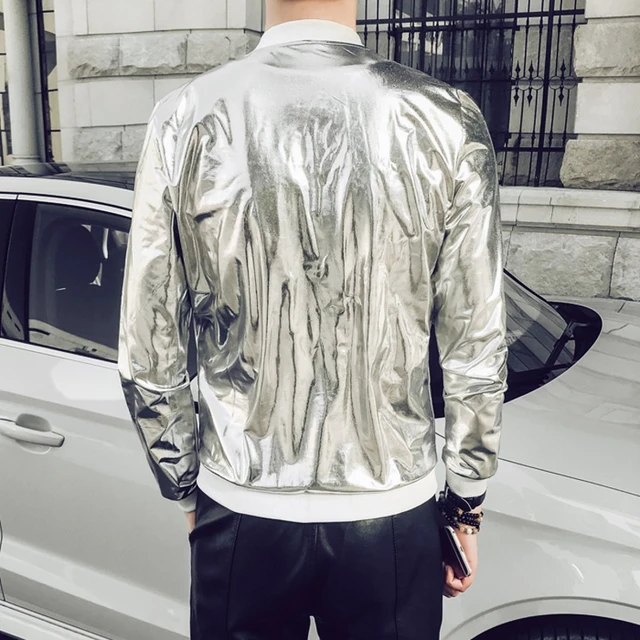 Chaqueta Bomber plateada brillante para hombre, abrigos reflectantes ropa de calle elástica, Hip Hop, para escenario en club nocturno _ - AliExpress