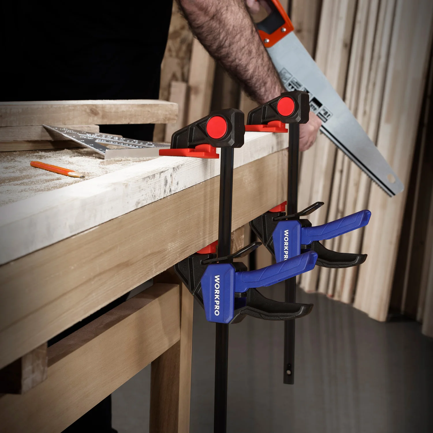 WORKPRO Ratchet Bar Clamp Set 2PC 6-Inch/12-Inch Quick Release One-Handed Heavy-Duty Bar Clamp Spreader Woodworking