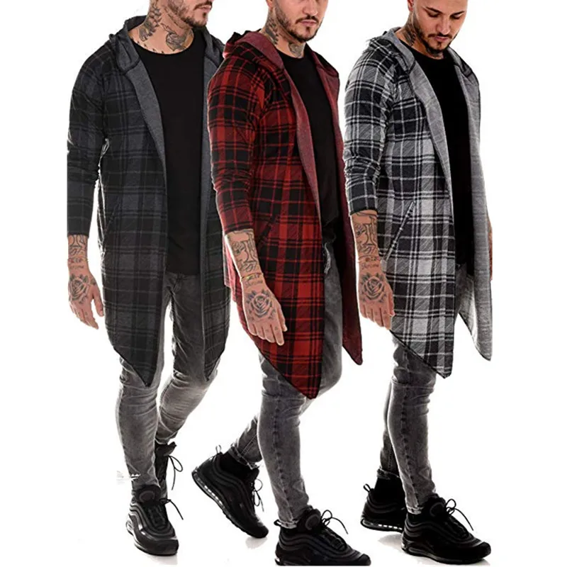 Gabardina larga gótica para hombre, abrigo largo ajustado con capucha, Chaqueta de punto a cuadros, moda steampunk