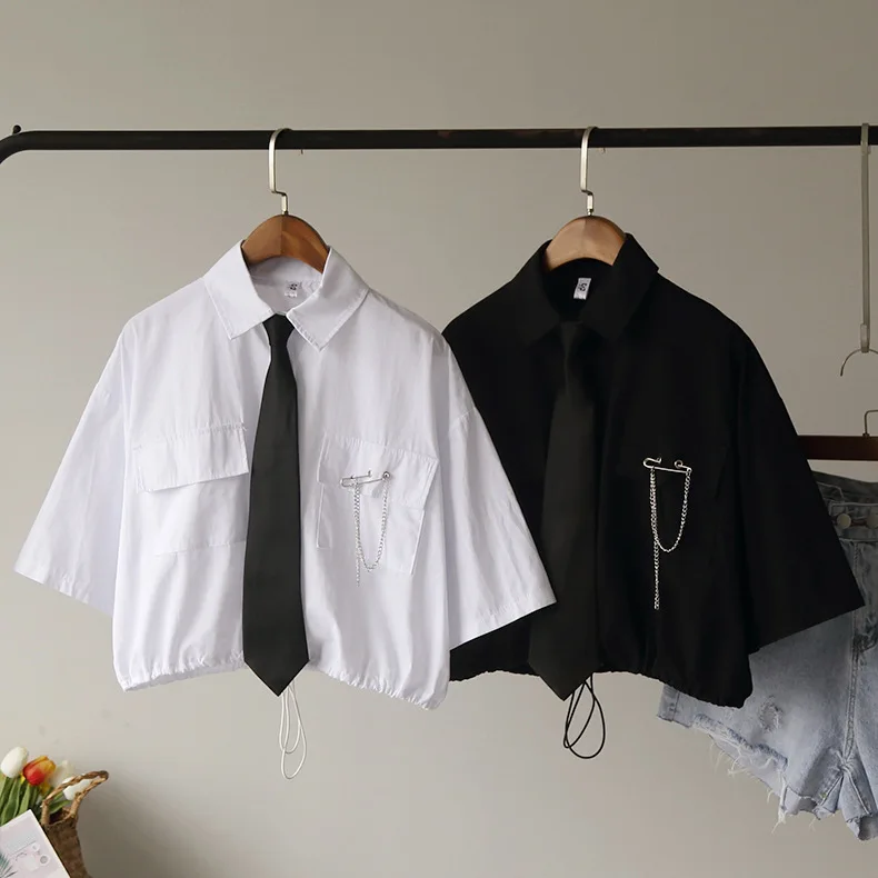 

Vintage Bandage Short Blouse Women 2020 Summer Harajuku Shirt Tie Pin Patchwork Streetwear Female Shirt Tops