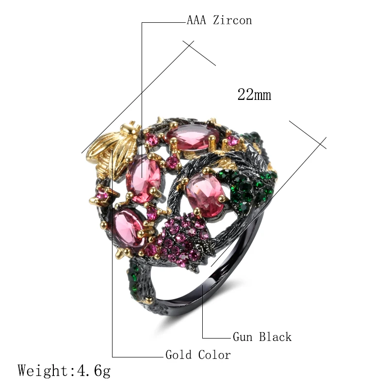 Kinel Luxury Ethnic Bridal Wedding Ring Gun Black Gold Red Natural Zircon Finger Rings For Women