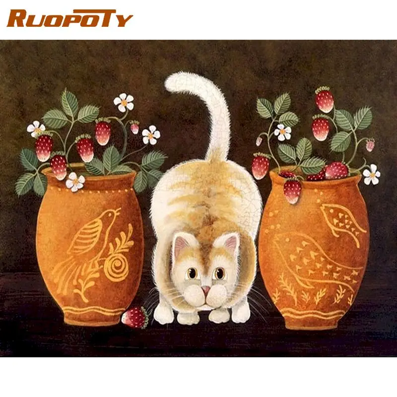 

RUOPOTY Cat Animals DIY Painting By Numbers Hand Painted Oil Painting Wall Art Picture Acrylic Unique Gift For Home Decor