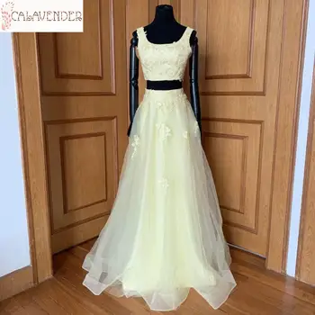 

Real Images A Line Yellow Prom Dresses 2020 Two Pieces Evening Dresses 3D Floral Appliques Vestido De Noche