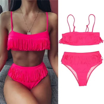 

2020 New Women Tassels Bikini Set Swimsuit Padded Push-up Bra Triangle High Waist Two-pieces Bikini Set Swimwear Bathing Suit