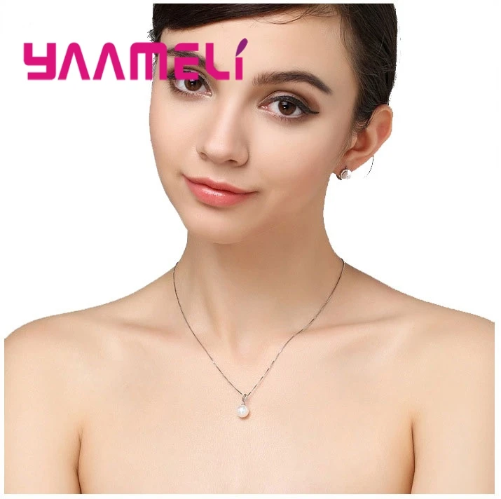 Smooth Women Wedding Jewelry Sets 925 Sterling Silver Ball Round Freswater Pearl Necklace Hoop Earrings Fashion Accessories 4