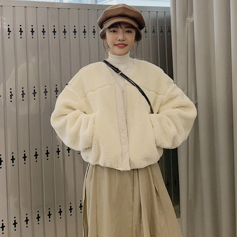 

Spot new winter han edition loose thickening cotton-padded jacket of female students lambs wool coat