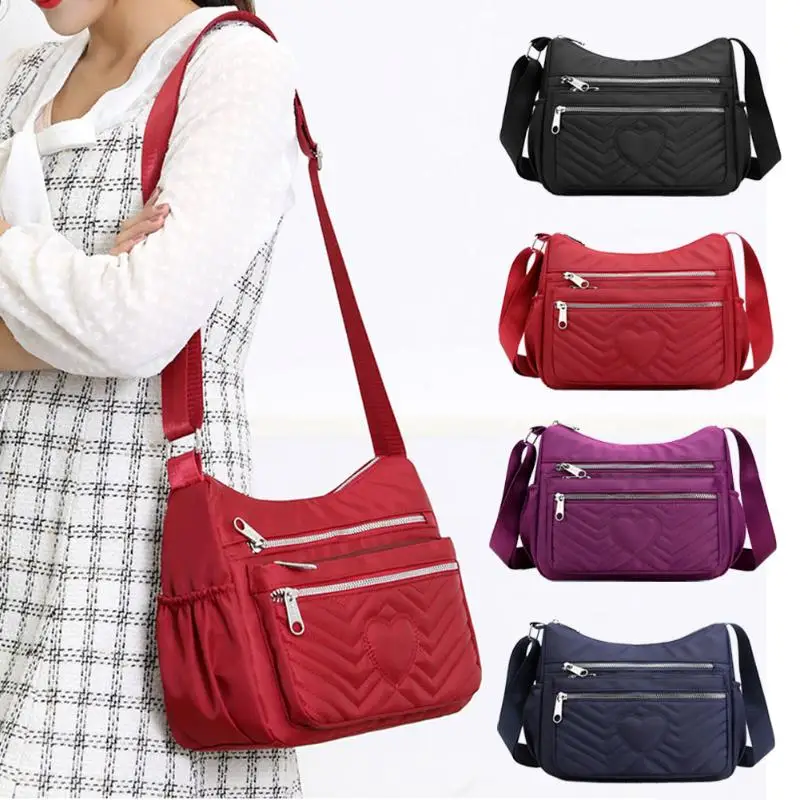 

Female Nylon Large Capacity Multi Pocket Shoulder Handbag Love Embroidery Thread Solid Color Waterproof Messenger Bags
