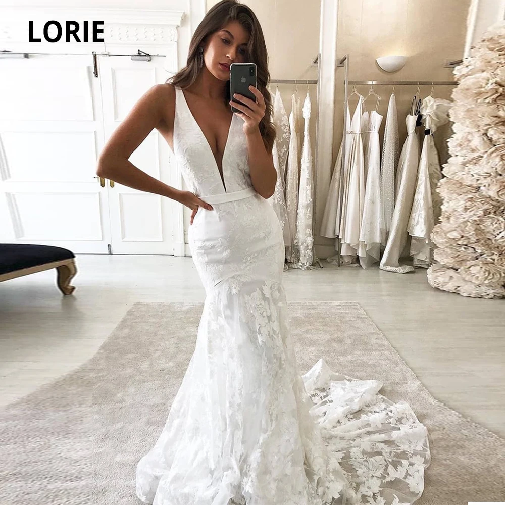 Свадебные платья-русалки LORIE с глубоким V-образным вырезом Кружевная аппликация