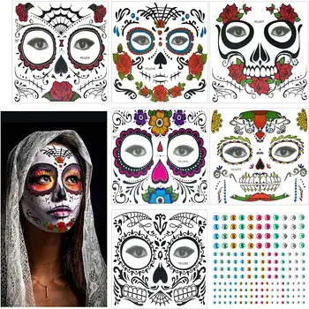 

metable 60Pcs Face Tattoo Stickers,Day of The Dead Skull Temporary Makeup Stickers for Masquerade Cosplay Horror Theme Parties