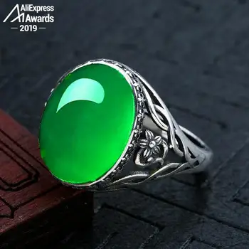

12*16mm 6.18 Sale S925 Sterling Silver Asia Emerald Rings Jade moldevite Chinatown Colombia Retro Gemstone Jade
