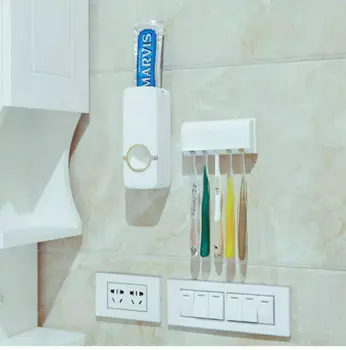 

Wall Mounted Automatic Toothpaste Dispenser 5 Toothbrush Holder Set Bathroom Toothpaste Squeezer Extrusion Device Kit Punch Free
