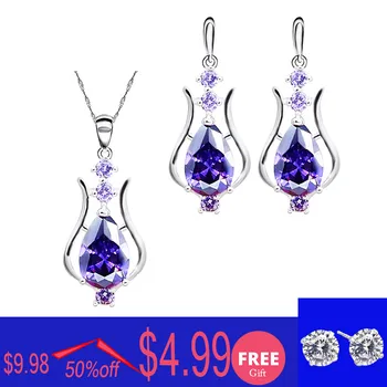 

Purple Amethyst Necklace Earrings 925 Sterling Silver Jewelry Set for Women Free Gift Wedding Jewelry
