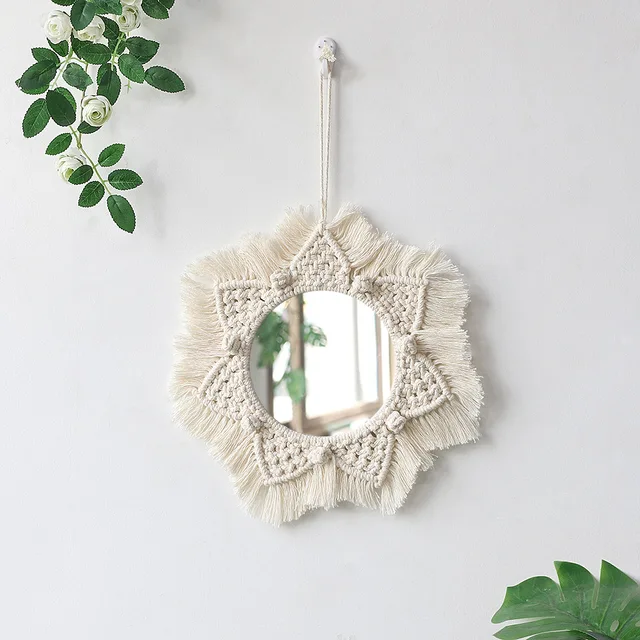 Hand Woven Bohemian Woven Leaf Feather Mirror Round Lace Mirror Wall Hanging Living Room Bedroom Wall Mirror Home Decoration 09