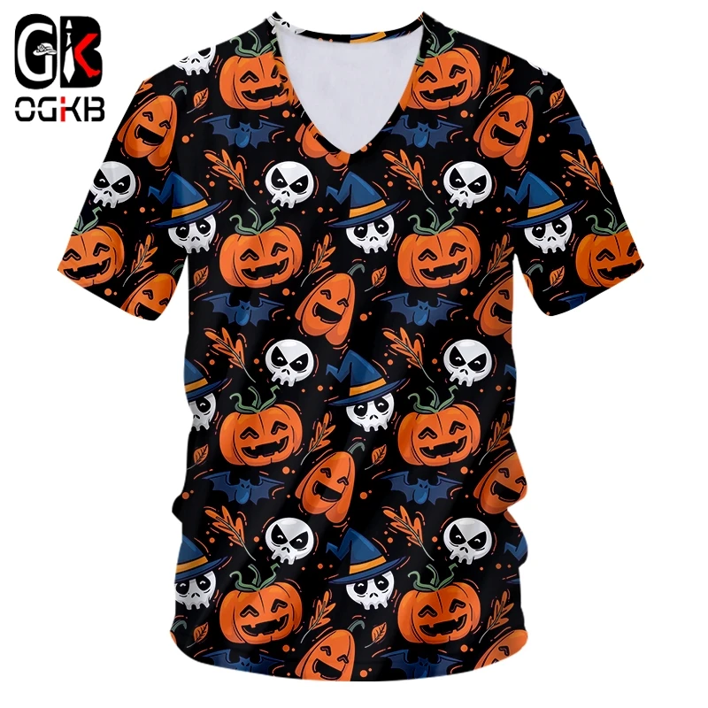 

OGKB New 3D Horror T-shirt Halloween 3D Print V-neck T-shirt Pumpkin Head The Nightmare Before Christmas Male And Female Tshirt