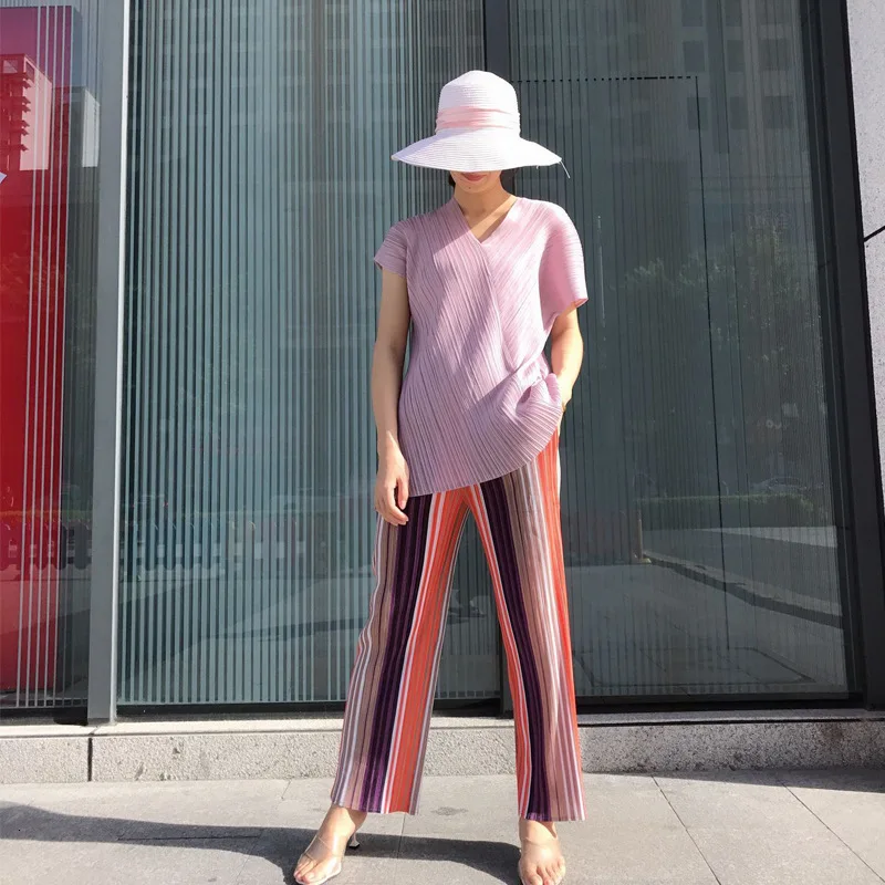 LANMREM новая весенняя модная женская одежда в винтажном стиле, плиссированные контрастные цвета, в полоску и высокие штаны, набор WH80705