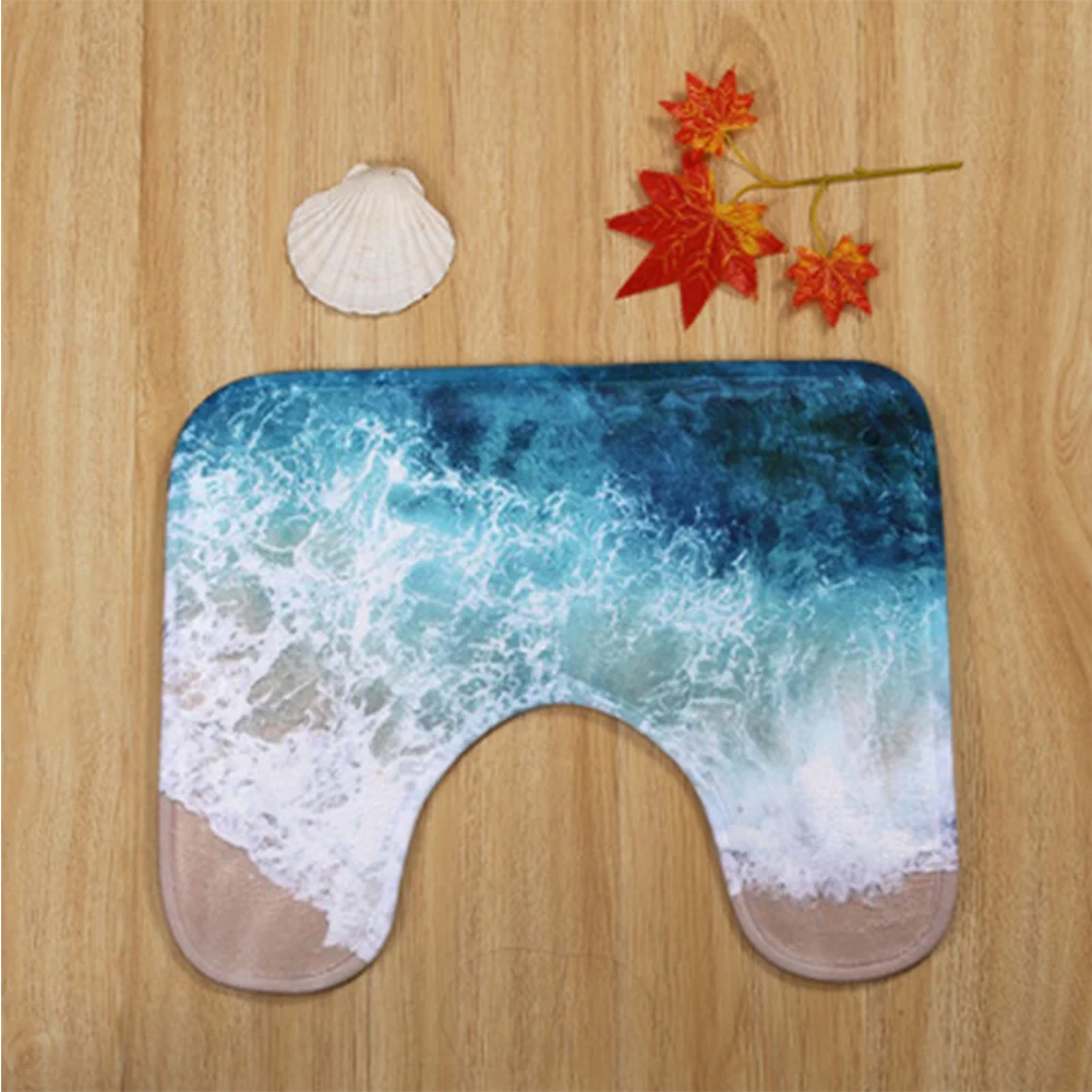 Bathroom 3 pc carpet set 3d-printed bathroom non-slip mat blue ocean wave carpet home decoration