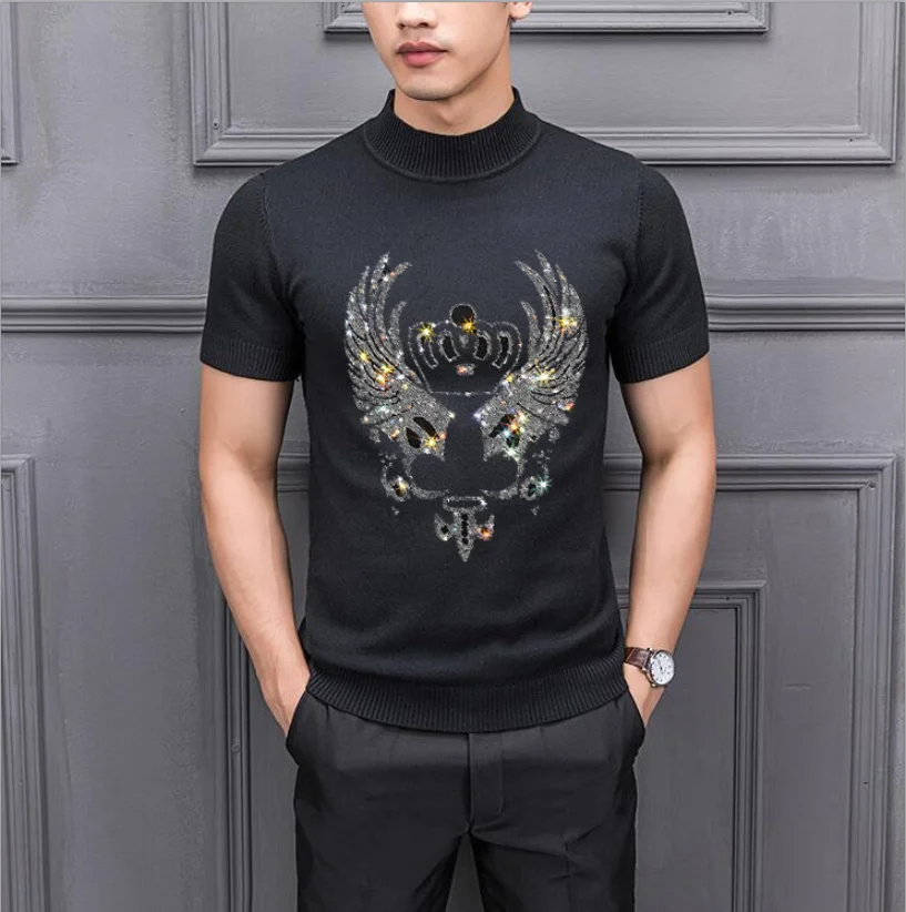 

New Winter Casual Sweaters Men Cotton Breathable High Quality Diamond stone Male Short Sleeve Sweater